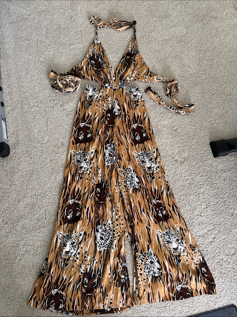 Vintage Halter Jumpsuit in Brown and Cream Animal Print